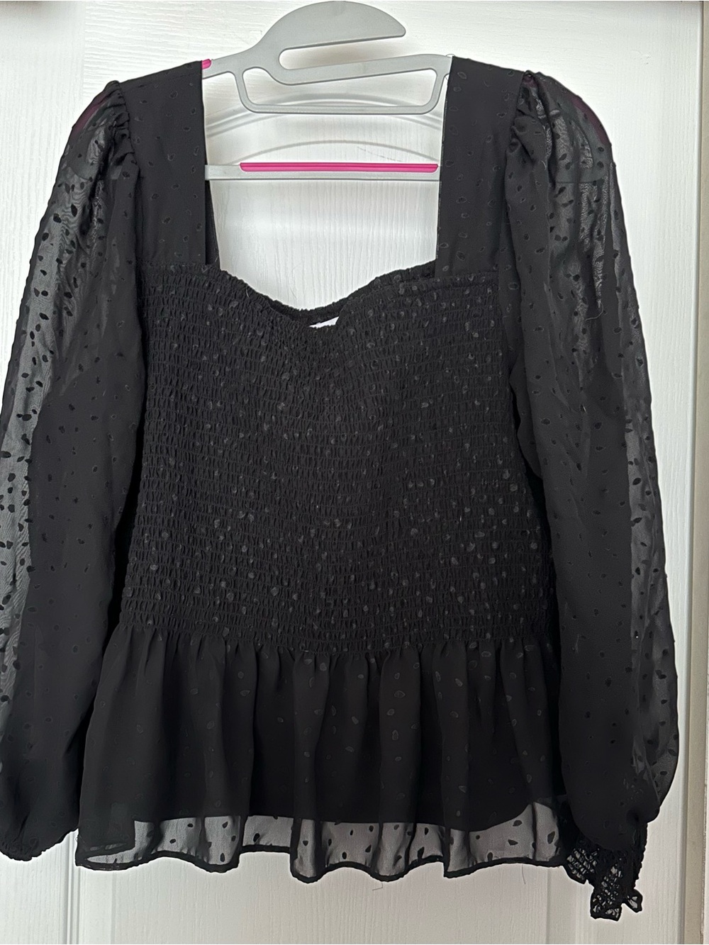 Nine West Black Smocked Peplum Blouse with Sheer Dot Sleeves